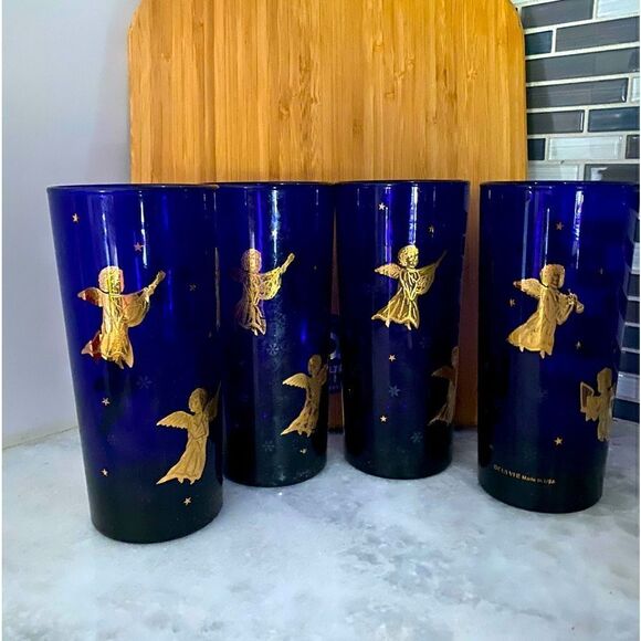 Culver 22k Gold Cobalt Blue Drink Glass  6 1/2" Angels Christmas Vintage - Picture 1 of 7